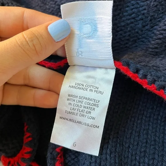 Bella Bliss 100% Handmade Knit Cardigan Dark Navy Red Edges Size Girls 6 - Picture 5 of 5